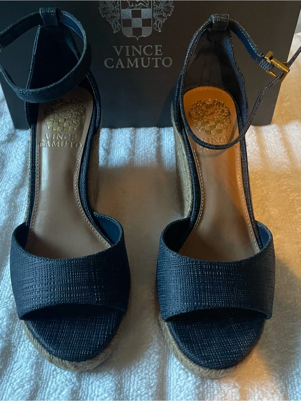 Vince Camuto Navy Linen-Embossed Espadrille Wedge Sandals with Ankle Strap - Picture 2 of 4